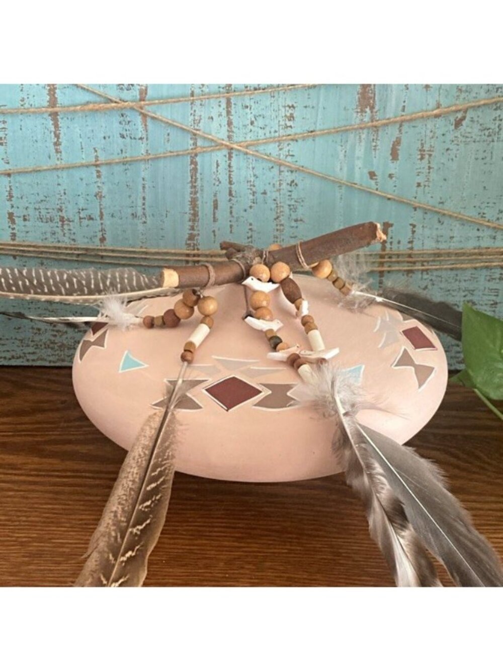 VTG Southwest Style Pottery Seed Pot Canteen Hand Painted Feathers Beads Signed